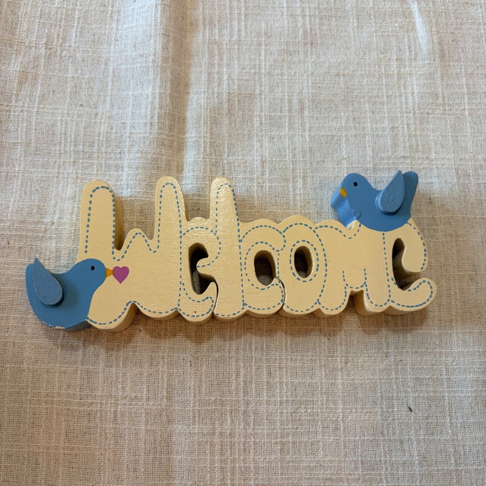 Vintage 1988 Summit Collection Wood Welcome Sign Bluebirds Folk Art Shelf Sitter